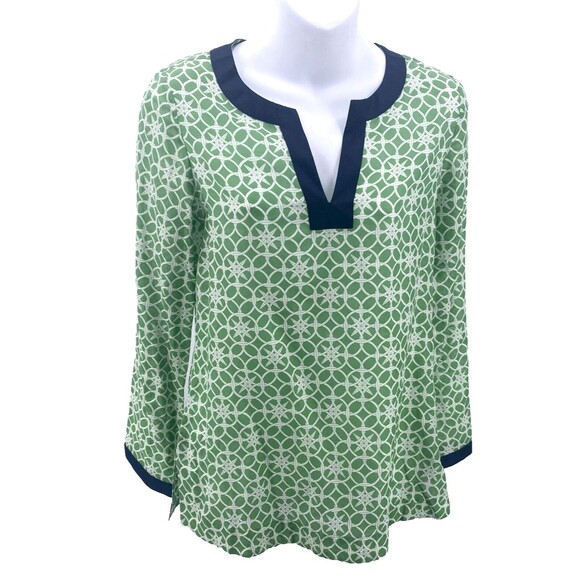 Vineyard Vines Tops - Vineyard Vines Womens Blouse XS Preppy Green Print Blue Cotton Silk Tunic Top